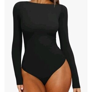 REORIA Women's Small Boat Neck Long Sleeve Bodysuit, Black, Light Breathable